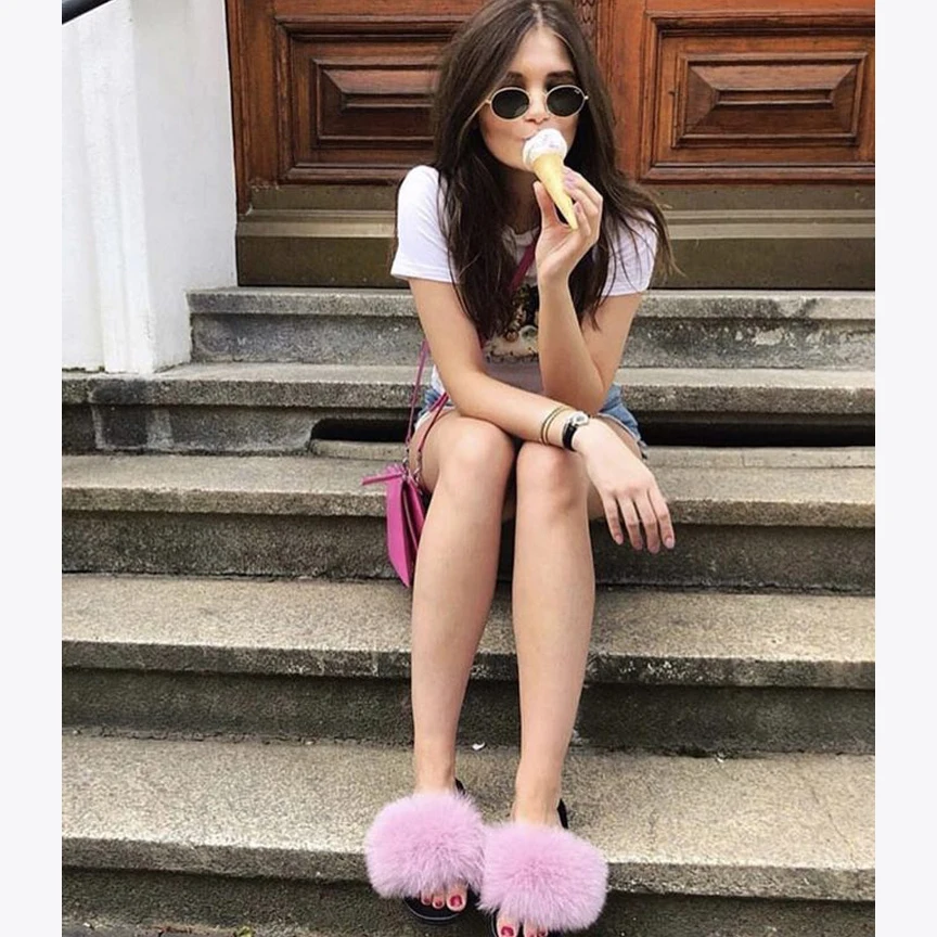 Real fox Fur Slippers Women Home Fluffy Sliders Comfort Furry Summer Flats Sweet Ladies Shoes Female Indoor Flip Flops|Женские