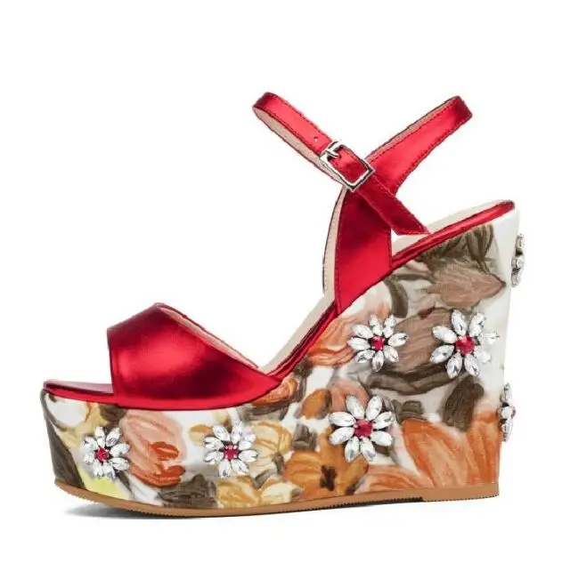 

BONJEAN Crystal Embellished Platform Wedge Sandals for Woman Sexy Peep Toe Leather Ankle Strap Shoes Cutouts Party Heels