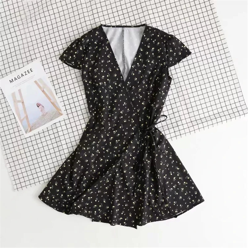 black floral Sukibandra летнее винтажное белое цветочное женское платье с запахом пляжные богемные женские платья Повседневное корейское Цветочное платье с v-образным вырезом - Цвет: black floral