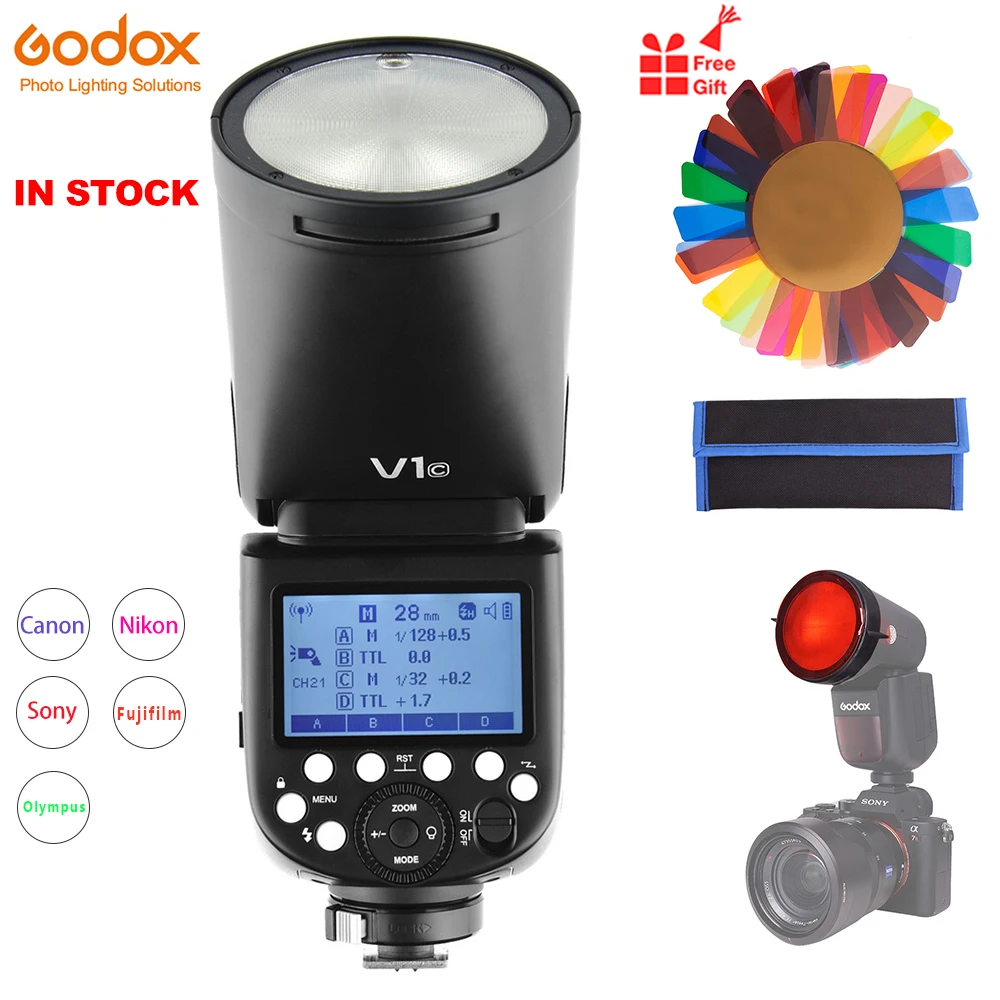 

Godox V1 Round Head Flash Speedlight V1C V1N V1S for Sony Canon Nikon Fujifilm Olympus Camera Flashlight TTL HSS with Battery