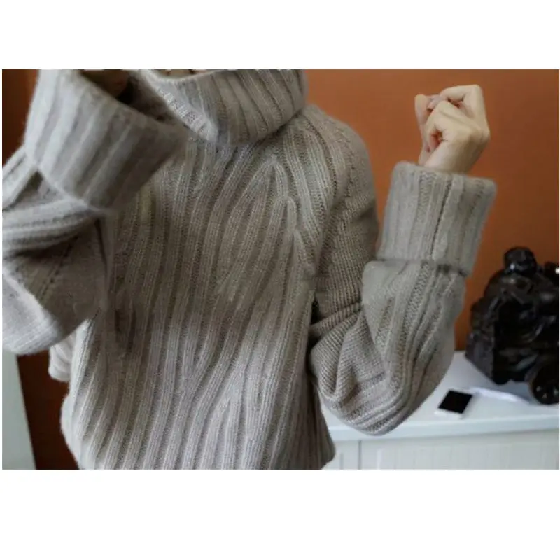Хаки Winter Lazy Loose Knit Women Cashmere Sweater High Collar Solid Color Warm Wool Sweater Thick Pullover High-end Retro Sweaters - Цвет: Хаки