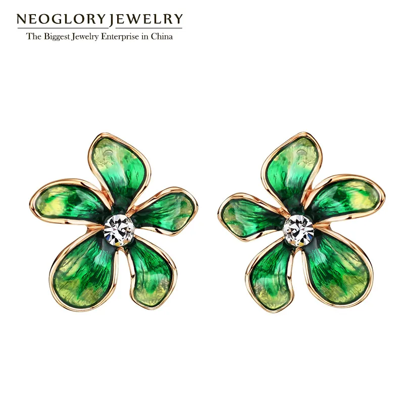 Green Neoglory австрийские стразы, имитация эмали, цветные цветы, серьги-гвоздики для женщин, модные ювелирные изделия, новинка - Окраска металла: Green