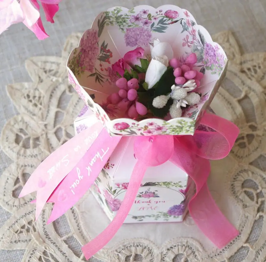 100 шт обработанные лазером коробки для конфет с цветком розовая лента свадебной