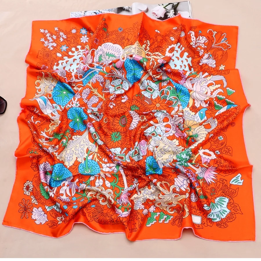 

Flowers Prints Women 100% Silk Scarf Shawl LargeSquare Silk Head Scarves Hijab Foulard 90