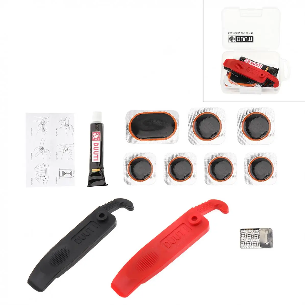 

DUUTI Bicycle Tire Repair Tool Portable Kit with Patch Crowbar Cement Transparent Box