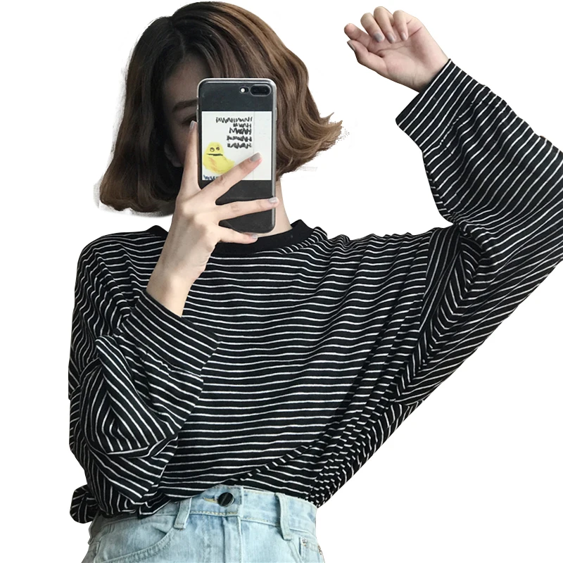 

YouGeMan T Shirt Femme 2021 Spring Autumn Korean Style Ulzzang Harajuku Retro Long Sleeve O-neck Striped T-shirt For Women Tops