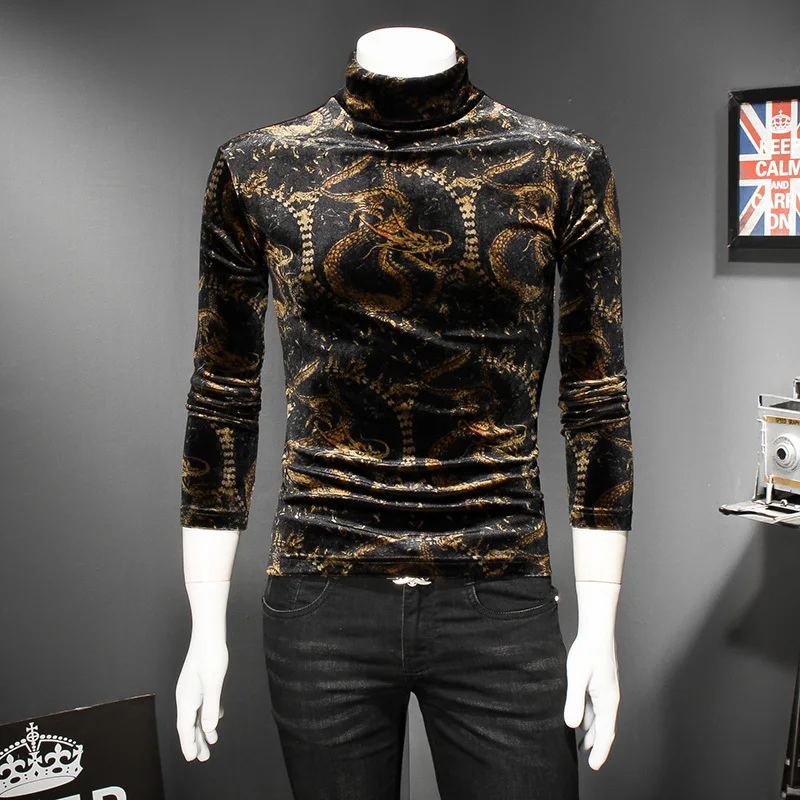 Черепаха шеи Slim Fit Мужская футболка Клубные наряды королевская Мужская Нижняя Майка 5xl бархатная футболка мужская с золотым принтом дракона высокое качество