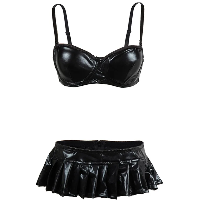 

New 2019 Sexy Club Wear Night Black Dress Faux Leather Mini Dress Women Bra Top Shorts Dress Costumes Bra+Pleated 2 pieces Sets