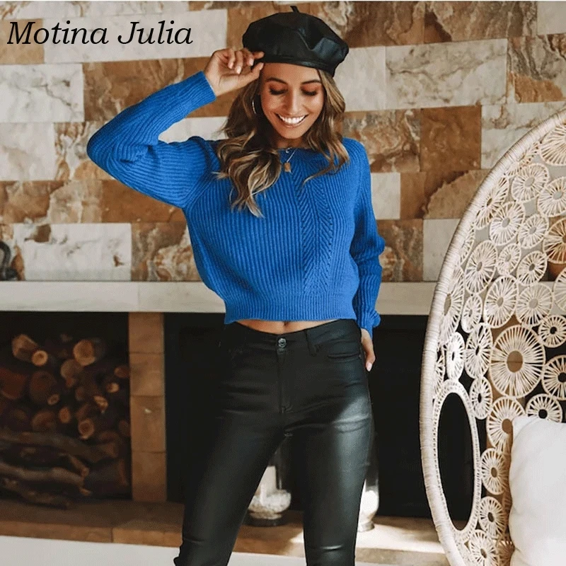 Motina Julia 2019 удобный вязаный свитер синий Повседневный укороченный джемпер Топы