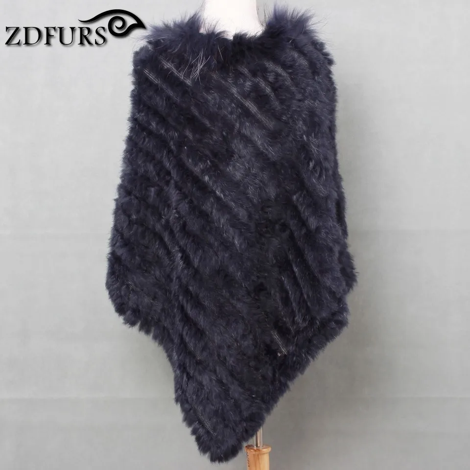 ZDFURS* Вязаное пончо с натуральным кроличьим мехом размера плюс, воротник из меха енота, модная уличная меховая отделка