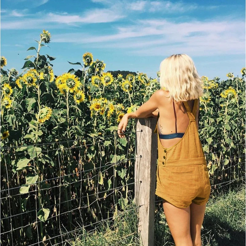 Женские винтажные комбинезоны летние прямые Одноцветный комбинезон с шортами