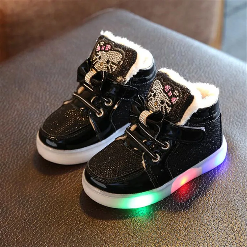 Кот Девушки обувь Мода теплые высокие верхние дети Кроссовки 2017 зима Водить