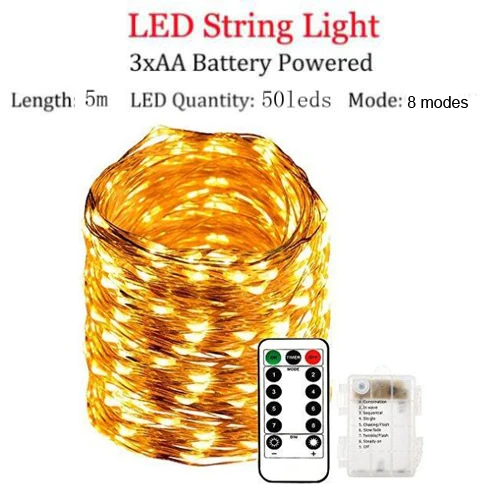 5m 50leds string Светодиодный свет шнура Водонепроницаемый светодиодный медный провод огни фейерверка 8 режимов Фея гирлянда Рождественская батарея управляемая 13key Дистанционное - Испускаемый цвет: 5m 50leds string