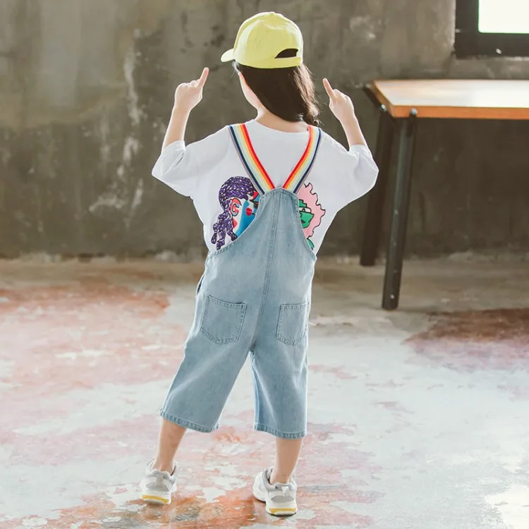 Радужные джинсовые штаны для девочек летние на подтяжках подростков Модные