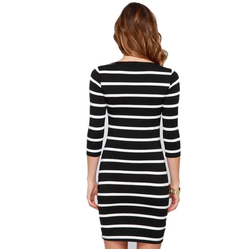 2017 Новая Коллекция Весна Лето Женщины Dress Шею Мода Черный и Белый Полосатый С