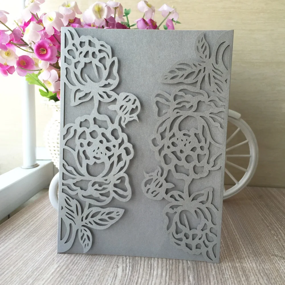 

50pcs Laser Cut Silver Color Pearlized paper Bridal Shower Wedding Engagement Party Birthday decoration Place Invitation Card