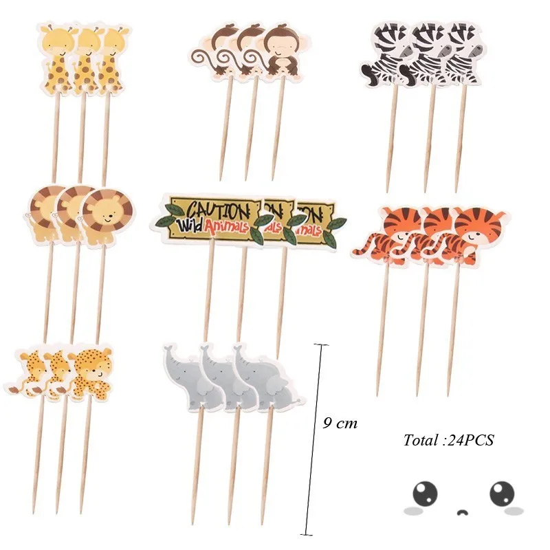 24pcs toppers 1 Набор джунгли вечерние посуда в виде животных зеленый номер воздушные Шары кекс топперы с днем рождения баннер детский душ для вечеринки в стиле сафари поставки - Цвет: 24pcs toppers