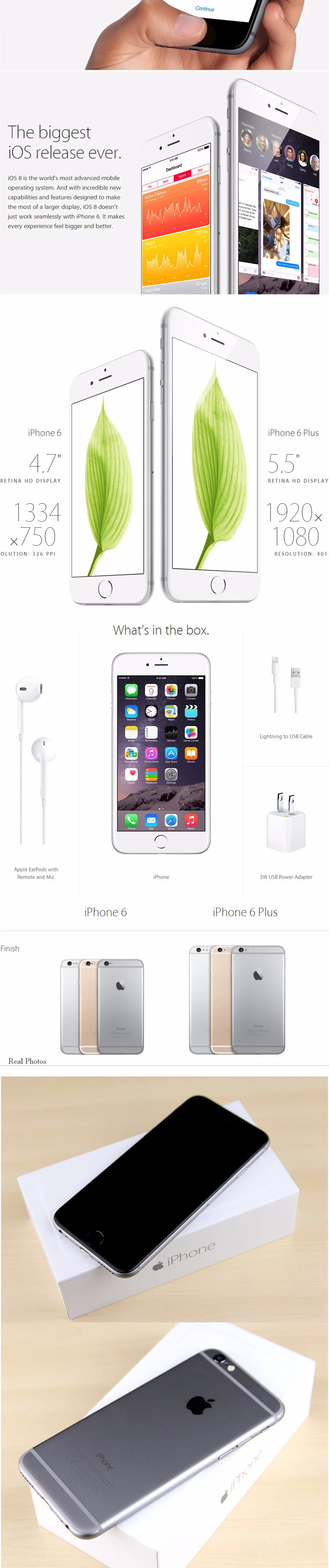 Разблокированный Apple iPhone 6 Plus 6 P 16GB 64GB 128GB 5," IOS 3G WCDMA 4G LTE 8MP камера 1G RAM WIFI GPS мобильный телефон