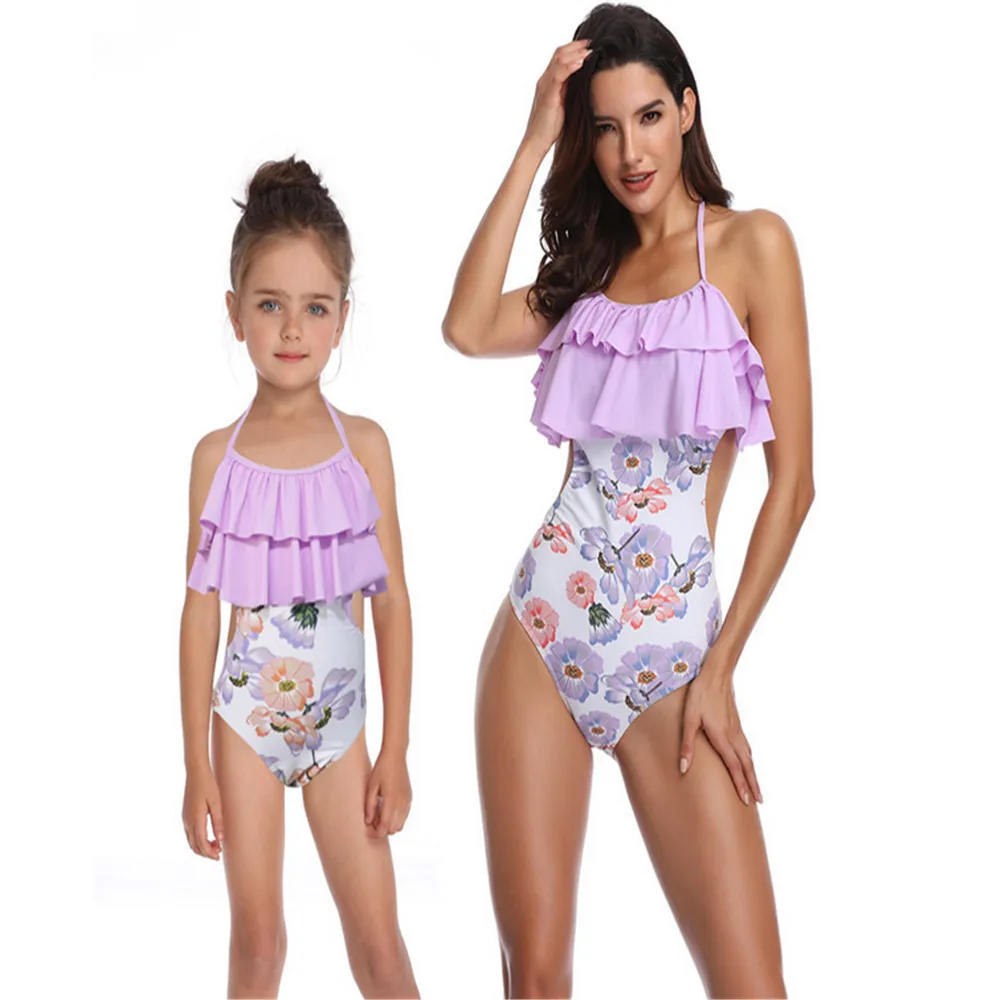 Мама-ребенок Купальник 2019 Женский Девочки Цветочная Печать Оборка Пляжная Одежда Без спины Купальный костюм бикини Новый.