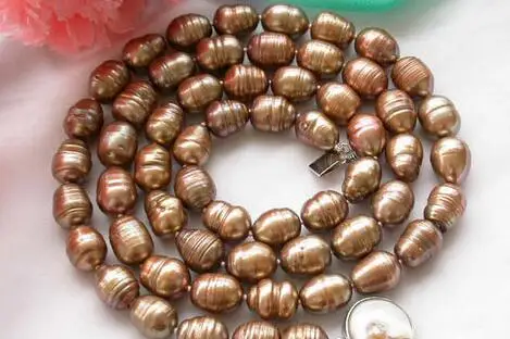 

32" 14mm coffee rice lines freshwater pearl necklace plated