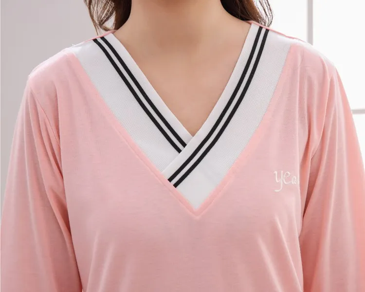 Весенне-осеннее хлопковое кружевное платье с v-образным вырезом для женщин, ночное белье с длинными рукавами, ночная рубашка, ночная рубашка, домашнее платье, ночная рубашка