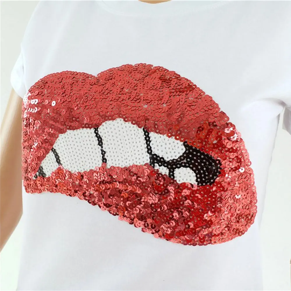 Женские летние топы модные сексуальные футболки с блестками и вышивкой губ