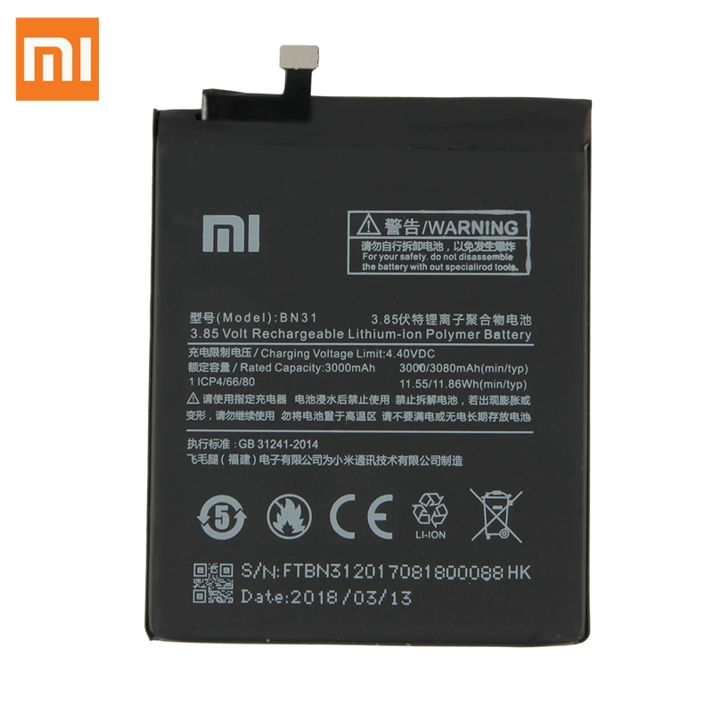 Сменный аккумулятор XIAO mi BN31 для Xiaomi mi 5X mi 5X A1 mi A1 Red mi Note 5A подлинные Аккумуляторы для телефонов 3080 мАч