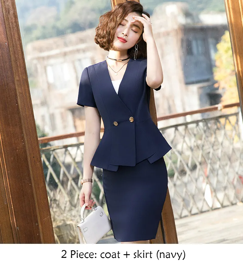 navy coat skirt Женские костюмы элегантные тонкие с v-образным вырезом с оборками шикарные розовые блейзеры офисные женские модные повседневные рабочие пальто юбки костюмы Женская одежда - Цвет: navy coat skirt
