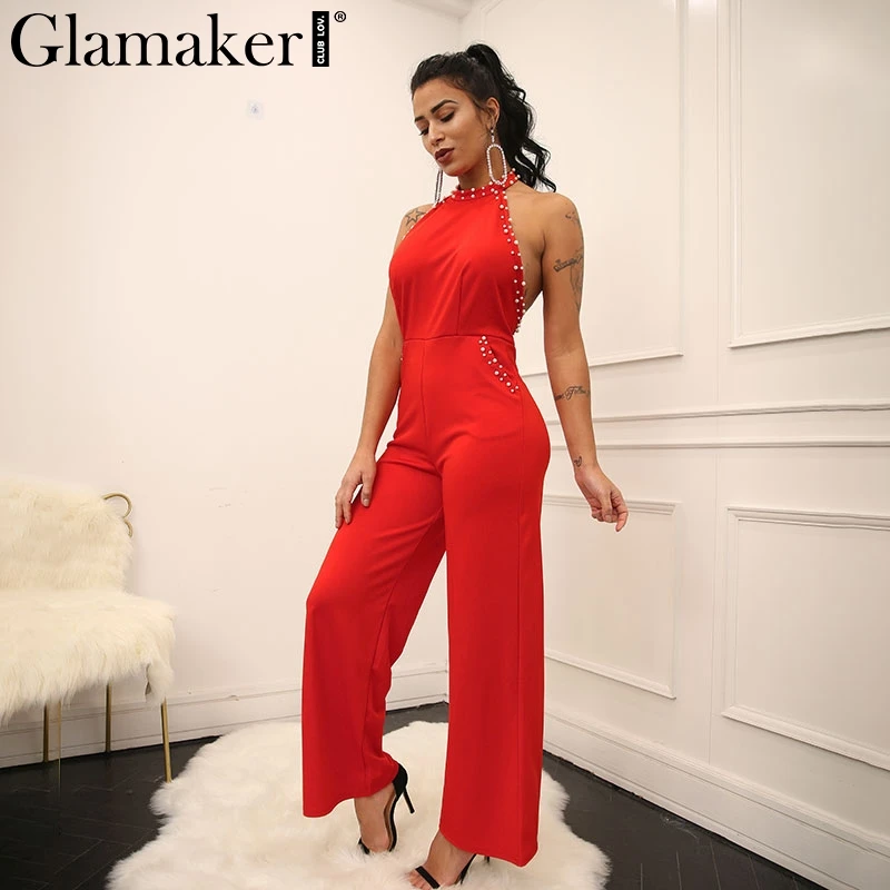 Glamaker элегантный жемчужный Женский Повседневный комбинезон широкие комбинезоны и комбинезоны комбинезон пикантный комбинезон с открытой спинкой Летний комбинезон
