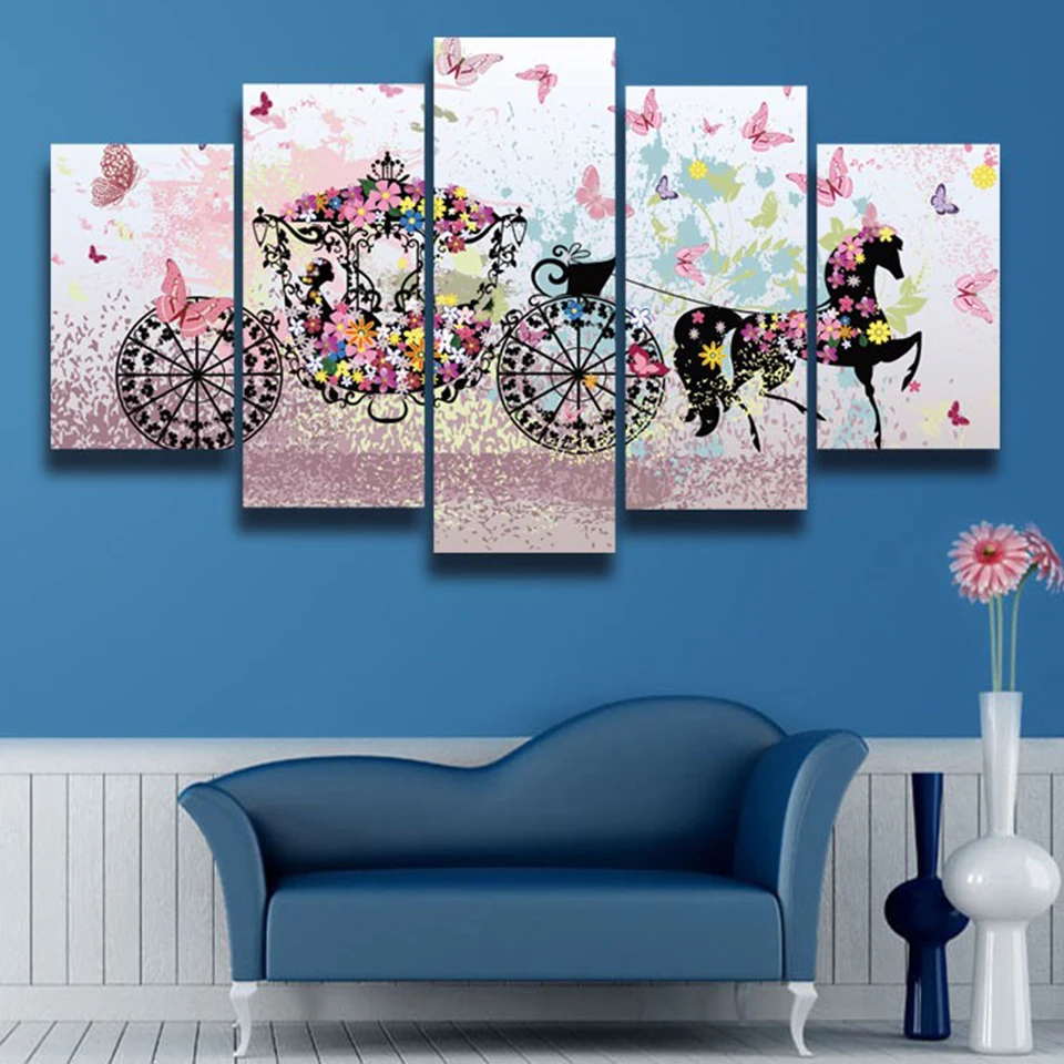 Большая холщовая рама для домашнего декора 5 панелей с принтом цветов бабочек