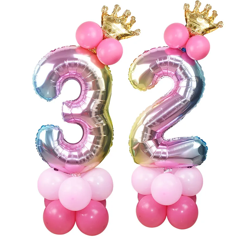 1 Набор радужных цветных цифр фольгированных воздушных шаров с короной на свадьбу, годовщину, надувные латексные шары, Декор, товары для дня рождения, 8z