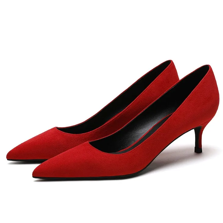 

Women's Pumps Med Thin Heels Ladies OL Pointed Toe High Heel Shoes Red Black Shallow Spring Wedding Heeled Shoes E0043