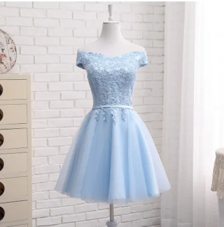 blue short Серое платье подружки невесты длиной до пола, а-силуэт, сексуальный вырез лодочка, аппликация с коротким рукавом, Длинные вечерние платья для выпускного вечера, индивидуальный халат De Mariee - Цвет: blue short
