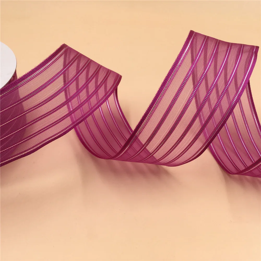 

38mm X 25yards Purple Wired Edge Gauze Ribbon W/ Silver Lurex Lines . Gift Bow,Wedding,Cake Wrap,Tree Decoration,Wreath N2038