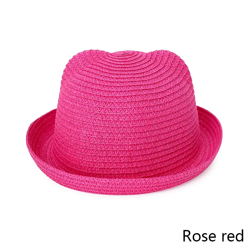 Rose red Модные Соломенные Детские шапки с ушками, Панама для девочек, Кепка для мальчика, Детская летняя кепка, Детская однотонная пляжная Панама, s - Цвет: Rose red