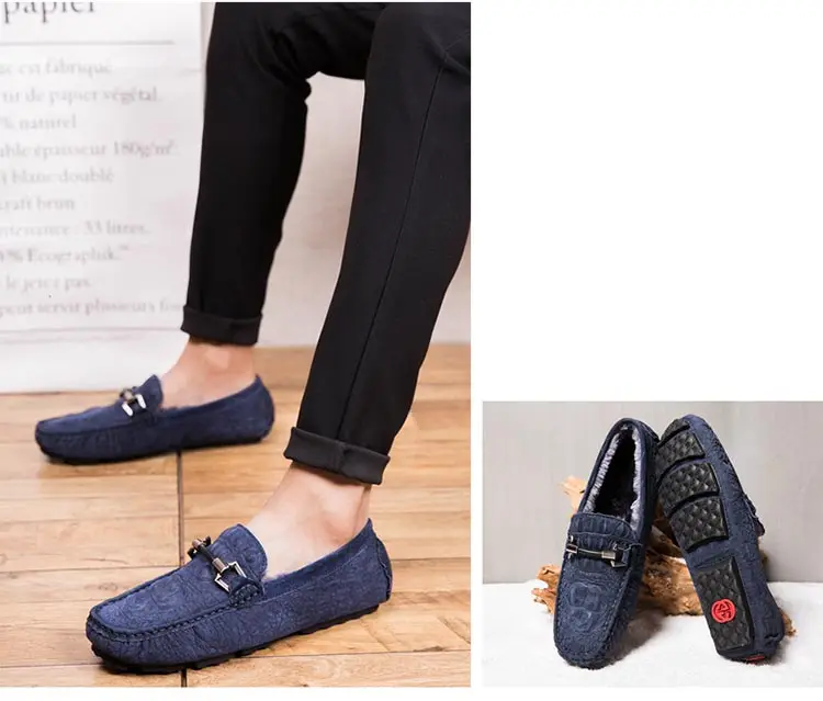 Men Loafers Plush Keep Warm Soft Moccasins Winter Suede Leather Slip On Shoes Casual Mens Fur Flats Gommino Driving Shoes Black