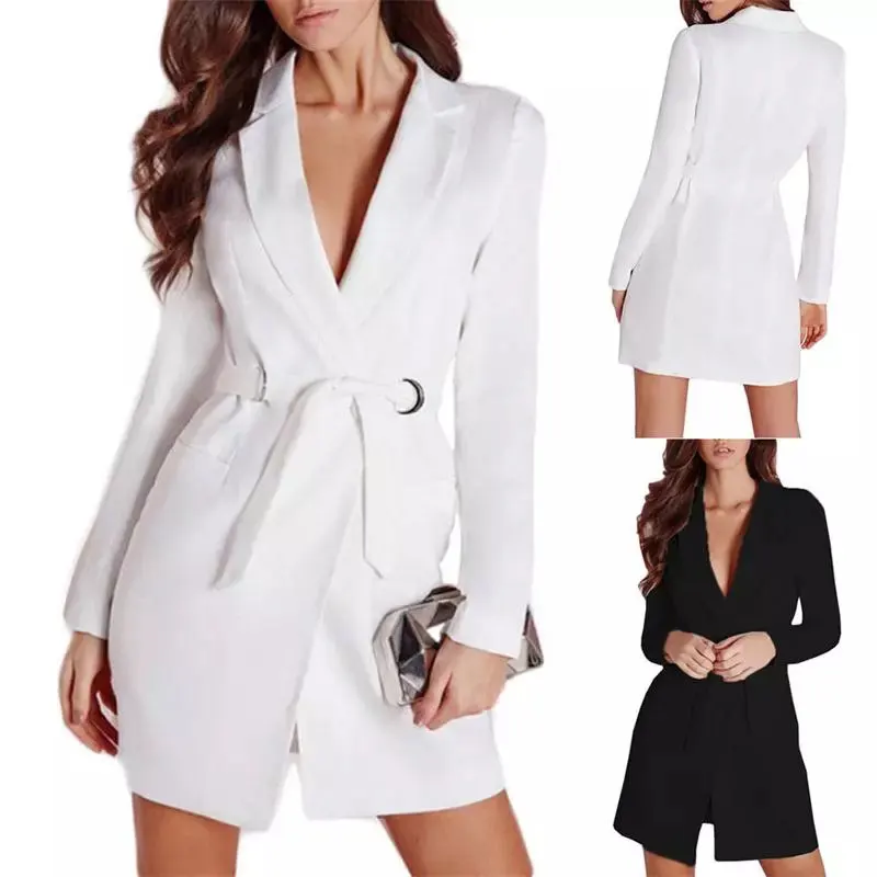 Элегантные длинные пр пиджаки для женщин Костюм 2018 Подпоясанный с длинным