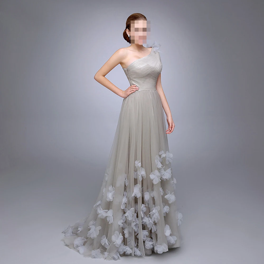 Ladies Popular Dress A Line robe de soiree One Shoulder vestido festa longo Flowers Prom Tulle Long Bridesmaid Dresses | Свадьбы и
