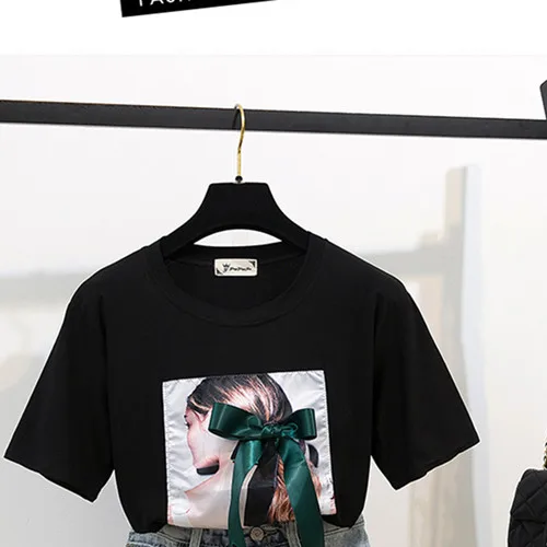 t shirt Женская футболка и джинсовая юбка SMTHMA, черная футболка с принтом и бантом и рваная юбка с надписью для студенток, женский костюм-двойка с юбкой, лето - Цвет: t shirt