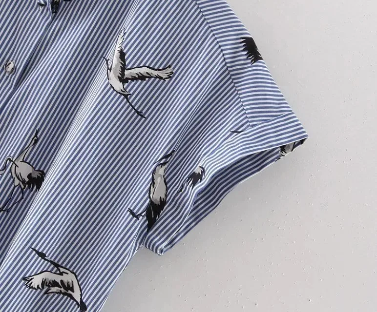 2017 New Fashion Women Vintage Birds Printing Striped Casual Loose Blouses Shirt Short Sleeve Office Wear Slim Blusas Tops S-L |