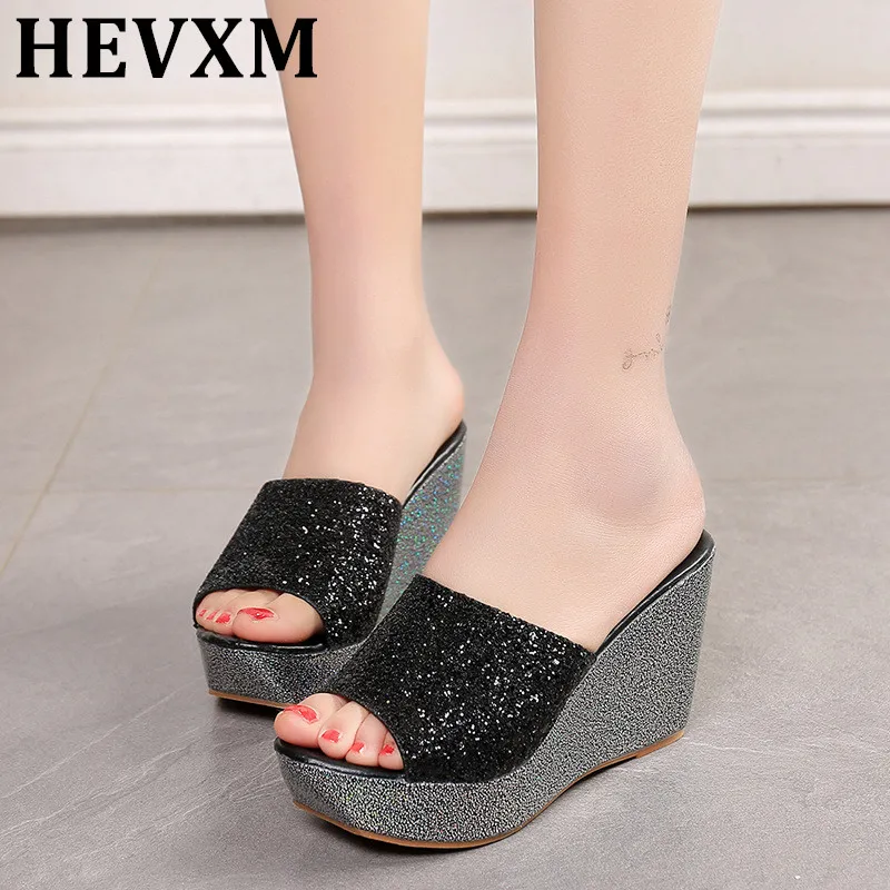 HEVXM Sandals Plataform 2018 Glitter Bling Gold Metallic High Heels Women Slippers Wedge Peep Toe Shoes Summer | Обувь