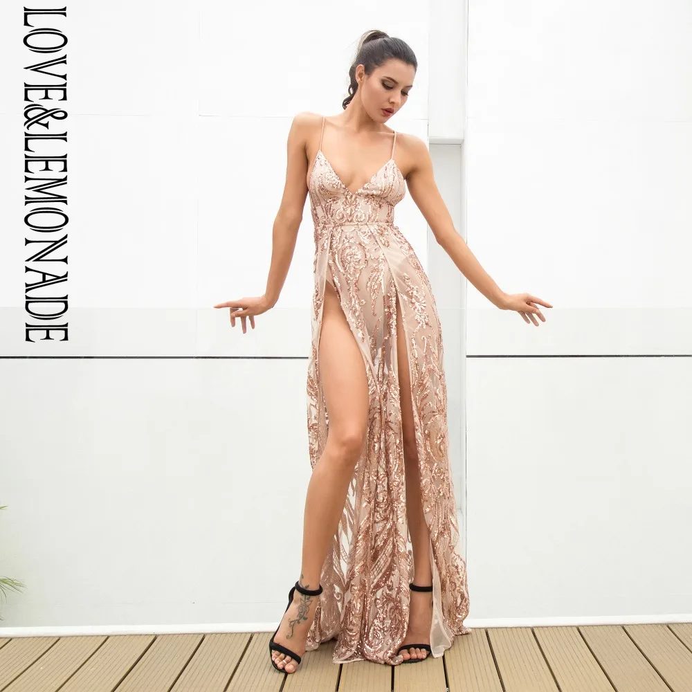 Женское платье с блестками LOVE & LEMONADE золотистое длинное глубоким V образным