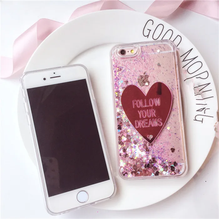 Luxury pink Heart Glitter Liquid Phone Case for IPhone 7 7plus 6 6plus 5s case Bling Ice Cream Tpu Back Cover lanyard |