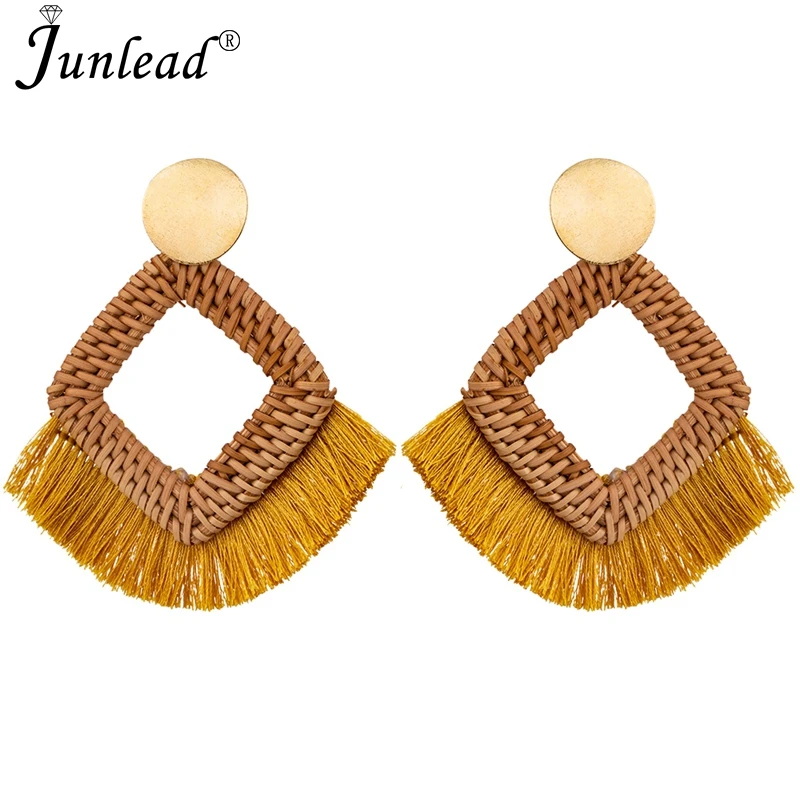 Junlead новейшие плетеные серьги из ротанга ручной работы сплав крючки квадратная