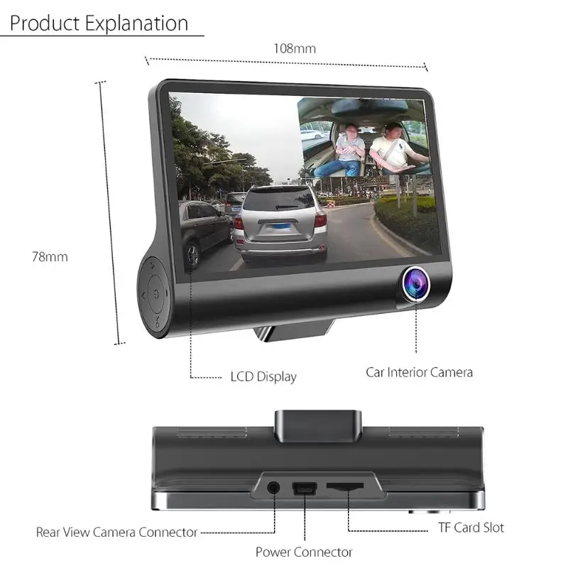 Dashcam Full HD 1080P 4 0 дюйма IPS экран 3 объектива Автомобильный видеорегистратор с