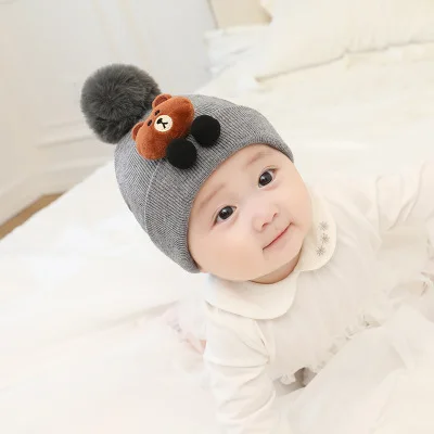 Grey Bear Ideacherry/детская шапка, Теплая Зимняя шерстяная шапка с рисунком для малышей, вязаная шапочка мех, помпон, шапка, шарф, комплект для От 1 до 3 лет, шапки для маленьких мальчиков и девочек - Цвет: Grey Bear