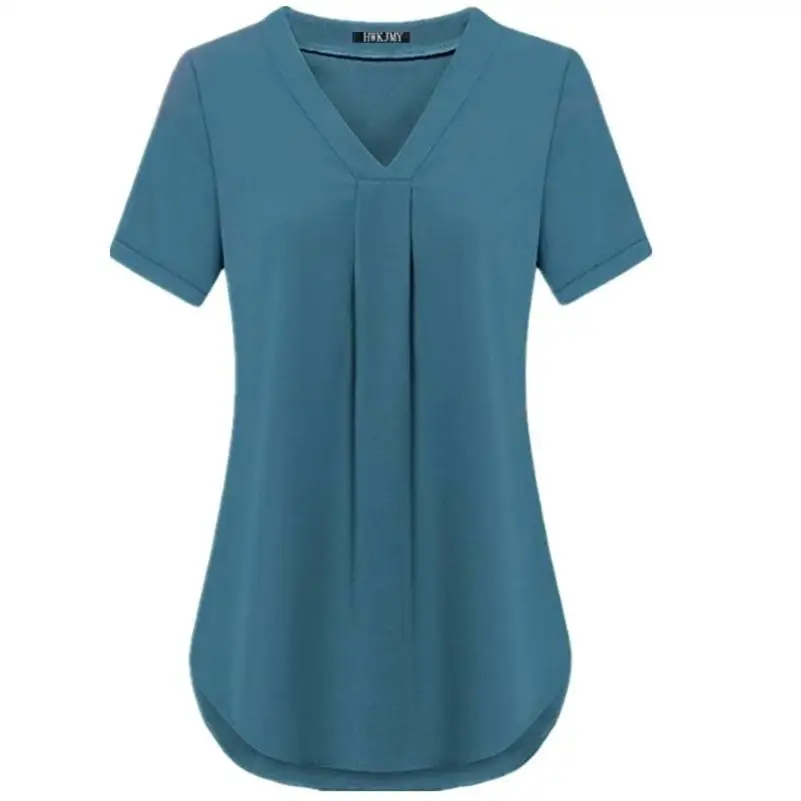 Light Blue Большие размеры, S-6XL, модная женская летняя шифоновая футболка, сексуальный v-образный вырез, короткий рукав, одноцветная футболка, топ, Повседневная Свободная плиссированная блузка - Цвет: Light Blue