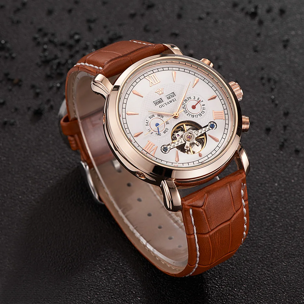 Механические часы OUYAWEI Skeleton Tourbillon мужские автоматические классические розовое