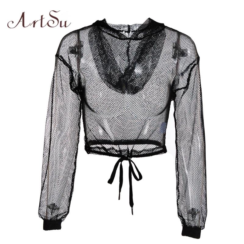 Женская футболка с капюшоном ArtSu черная сетчатая укороченная длинным рукавом