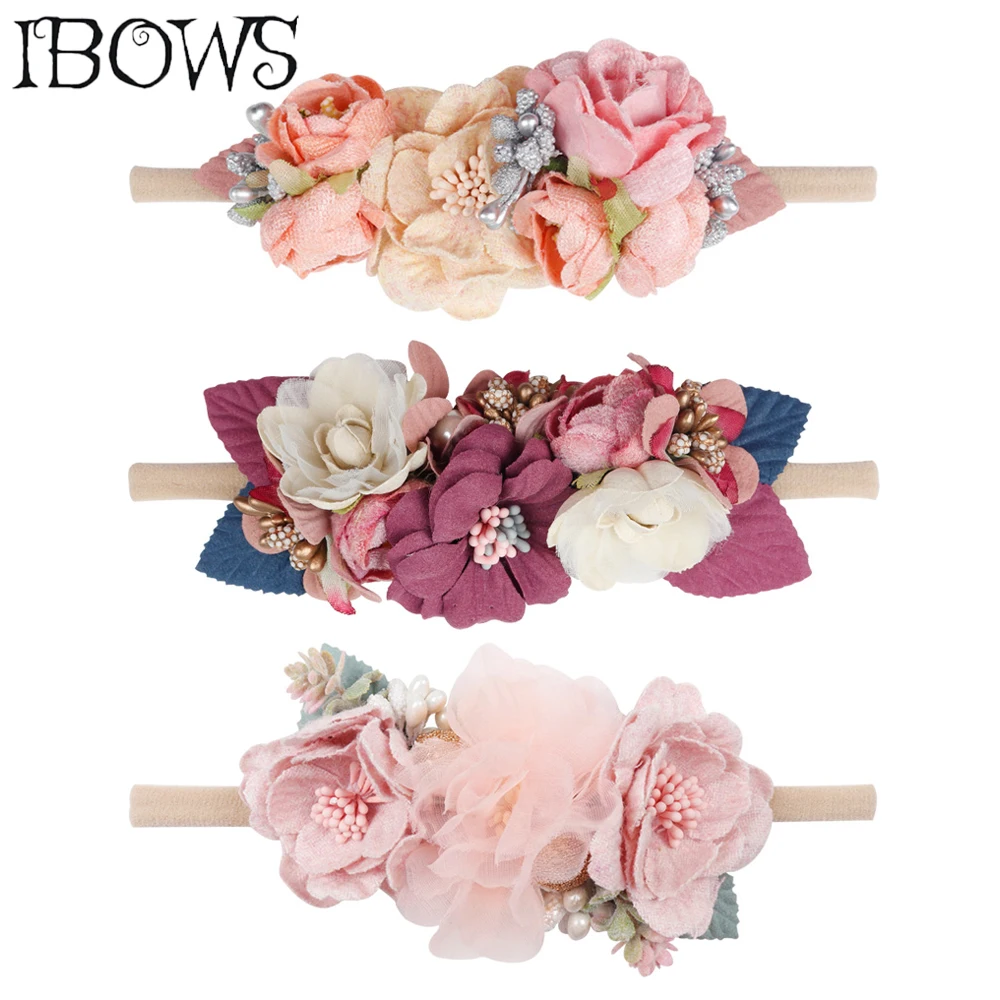 

IBOWS Hair Accessories Lovely Baby Headband Fake Flower Nylon Hair Bands For Kids Artificial Floral Elastic Head Bands Headwear